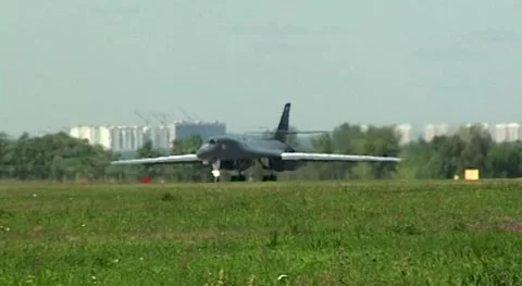 Rockwell B-1 Lancer  moves along runway in direction of takeoff. Close-up. Stock Footage 172243381