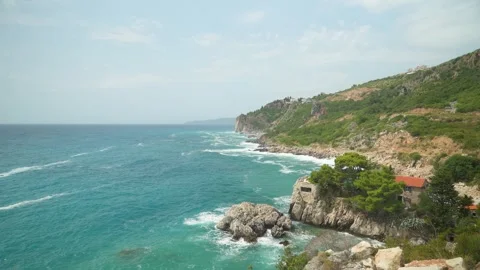 Rocky Adriatic Coast With Cliffs and Stone House, Montenegro Stock Footage 341158576