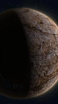 Rocky alien planet in deep space with cracked textured surface, dramatic sh.. Illustrazione stock