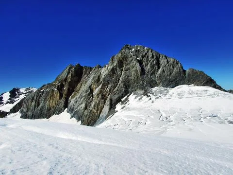 Rocky alpine peak Chammliberg, emerging from the surrounding glaciers Stock Photos