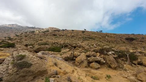 Rocky arid hillside under cloudy sky. Sokotra, Yemen. Stock Photos
