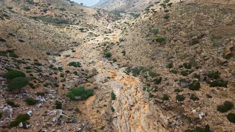 Rocky arid mountain valley with dry streambed and shrubs Stock Footage 329615941