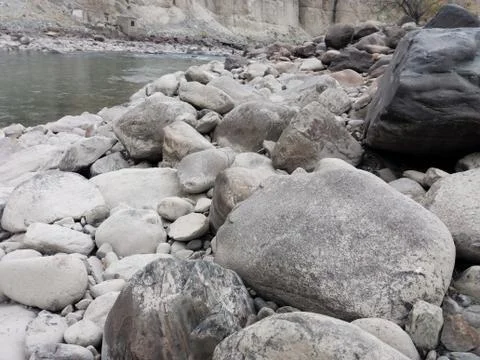 A rocky beach in Gilgit Valley Stock Photos