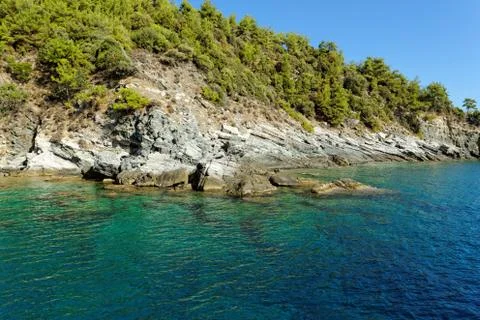 Rocky beach at greece , thassos Stock Photos