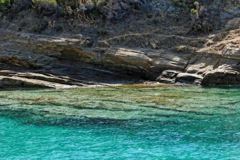 Rocky beach at greece , thassos Stock Photos