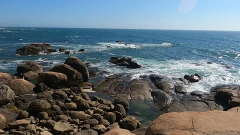 Rocky beach with powerful waves in Vila Nova de Gaia, Porto, Portugal Stock Footage 283669705