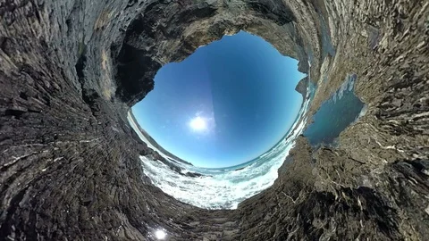 Rocky beach with waves, Atlantic, Tiny planet, Tiny planet effect Stock Footage 107182756