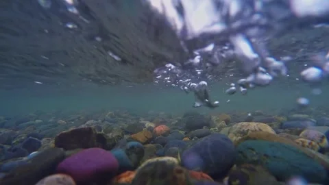 The rocky bottom of a mountain river with a fast current and clear water. Stock-Footage 303359423