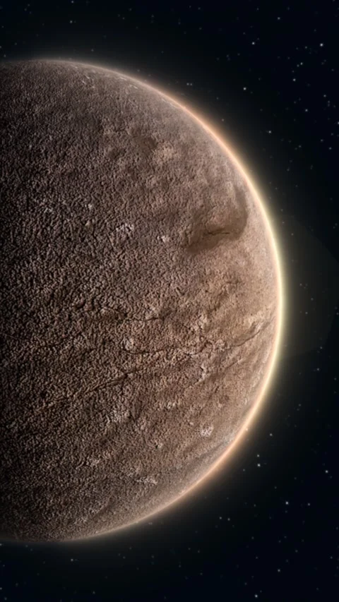 Rocky brown planet with a rugged, cracked surface and a softly glowing rim .. Stock Footage 344950982