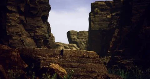 Rocky canyon landscape with dramatic cliffs and clear sky at sunset Stock Illustration