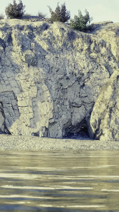 Rocky cliff by the water with natural elements at a calm shoreline Stock Footage 331669546