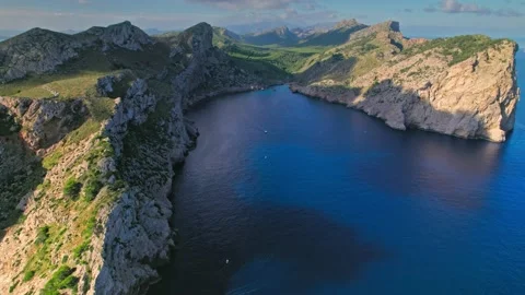 Rocky cliffs by the Mediterranean coastline of Majorca, Balearic Islands, Spain. Stock Footage 197487573