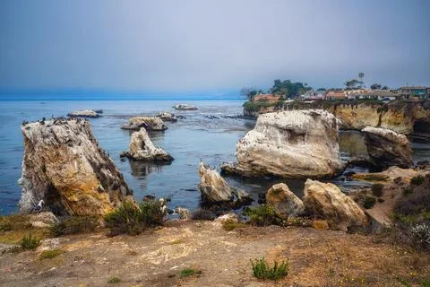 Rocky cliffs at sunset. Shell Beach at Pismo Beach, California Stock Photos
