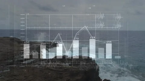 Rocky coast and ocean centering while sensor updating bars and dual lines for Stock Footage 333539646