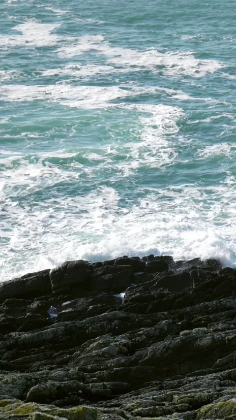 A rocky coastline characterized by its dark and jagged rocks Stock Footage 255229237