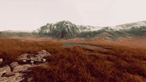 Rocky desert landscape with sparse vegetation and mountains peaks Illustrazione stock