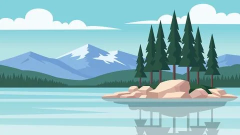 Rocky Edge Lake Flat Design Illustration Scene Stock Illustration