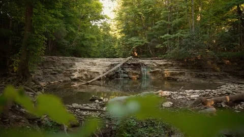 Rocky Forest Waterfall with Fallen Log - Wide shot - Seneca Falls New York Stock Footage 345547607