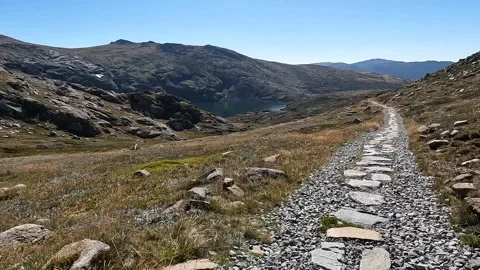 Rocky Hiking Path Through Alpine Terrain on the Main Range, Mount Kosciuszk.. Stock Footage 312062609