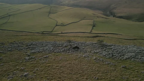 Rocky hillside lonely tree pull away revealing green patchwork fields in Video stock 233569551