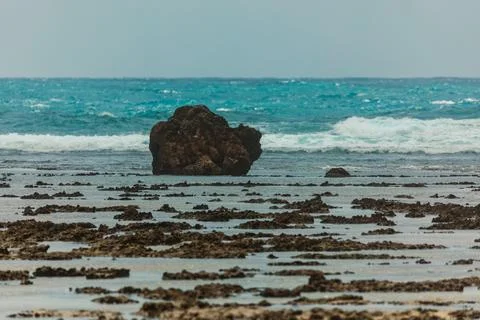 Rocky Intertidal Coastline and Waves in Okinawa Stock Photos