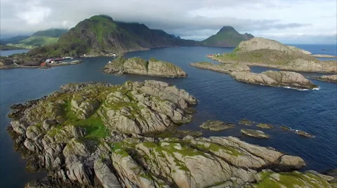 Rocky islands on Lofoten islands in Norway near Mortsund, aerial Stock Footage