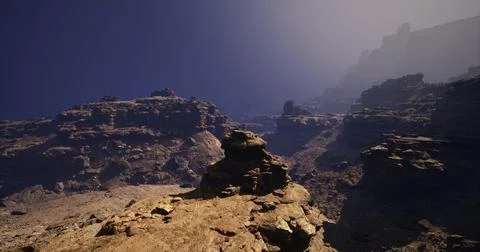 Rocky landscape with dramatic cliffs and shadows in a dusky atmosphere Stock Illustration