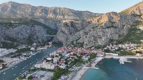 Rocky Landscape, River and Beach in Omis Stock Footage 329192501