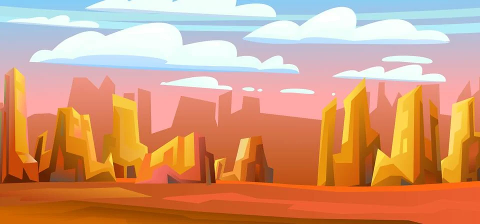 Rocky landscape. Sharp stone cliffs. View of an uninhabited planet. Red eveni Stock Illustration
