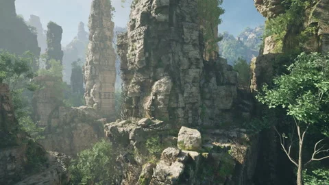 Rocky landscape with trees and rocks in the foreground, captured in China Stock Footage 250471389