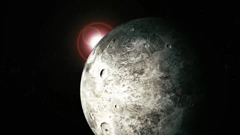 Rocky moon or planet in deep space with cratered surface and red sun flare .. Stock Footage 340383190