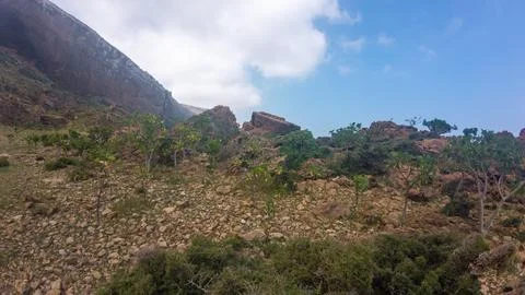 Rocky Mountain Hillside with Sparse Vegetation and Blue Sky Stock Photos