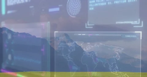 Rocky mountain peak rising within flat design HUD landscape, showing world map Stock Footage 307468902