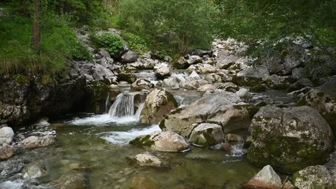 Rocky mountain stream after sunset in summer 스톡 동영상 260932336