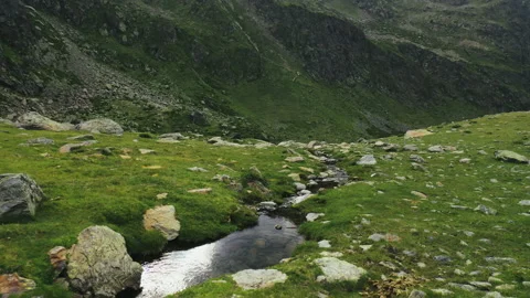 Rocky mountain stream at the green plain. Pyrenees, Andorra, 2020 스톡 동영상 131380369