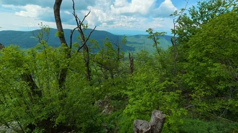 Rocky outcrop frames a lush green valley. Jastrebac Mountain, Serbia. Stock Footage 336023507