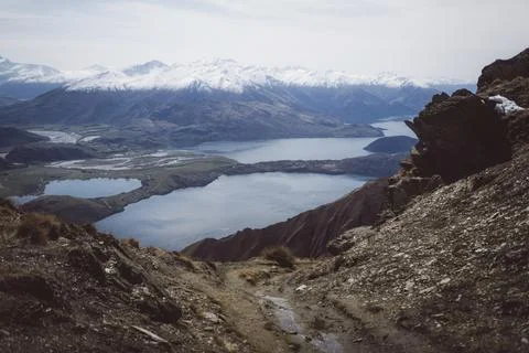 Rocky path with views of several lakes and valleys between the mountains, Roys Stock Photos