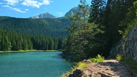 Rocky path winds beside turquoise lake. Black Lake, Montenegro 스톡 동영상 342974056