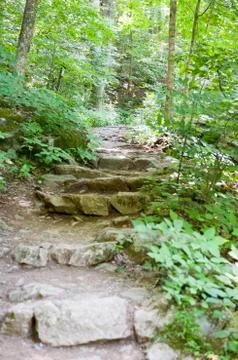 Rocky pathway steps at Crabtree Falls along the Blue Ridge Parkway near Stock Photos
