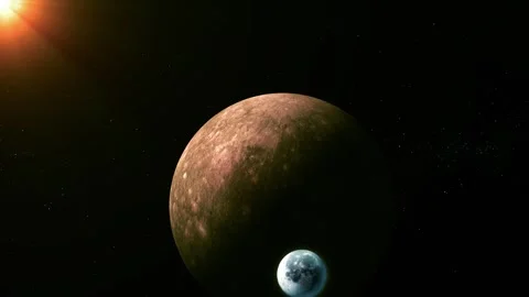 A rocky planet and small moon in deep space with a bright sun flare and stars Stock Footage 340383502