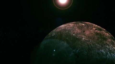A rocky planet in deep space with a bright star above and a dark starry bac.. Stock Footage 340389227