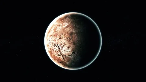 A rocky planet floating in dark space with a bright edge and detailed surface Vidéo 337079305