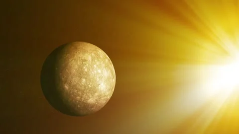 A rocky planet lit by a bright sun with strong golden light and space backg.. Stock Footage 340383509