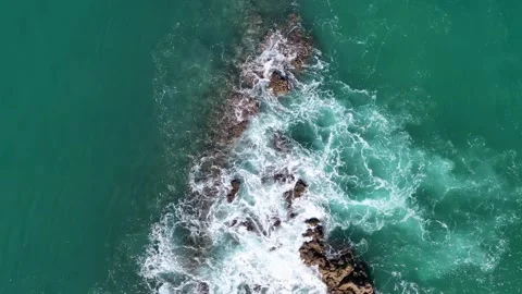 Rocky reef beach with powerful waves Stock Footage 308687617