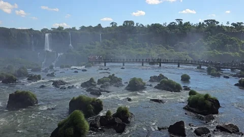 Rocky River Rapids With Distant Walkway and Falls, Iguazu, Brazil 8K 스톡 동영상 306476401