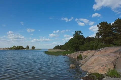 Rocky seashore in summer. Stock Photos