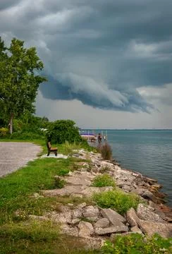 Rocky Shore Cloud Scape over Detroit River south near Lake Erie Stock Photos