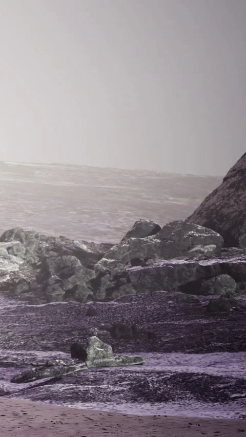 Rocky shoreline with ocean waves during foggy morning hours Stock Footage 334262326