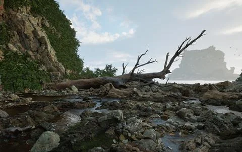 A rocky, stone beach, with a fallen tree table lying on it. Stock Illustration