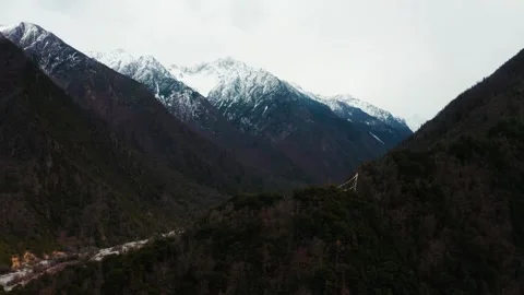 Rocky stream channel between forested Tibetan mountain slopes Stock Footage 345882182